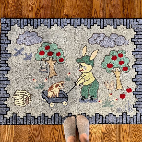Judi Boisson American Country Hand Hooked Rug Apple Tree Bunny 40 x 30 90's - Picture 3 of 7